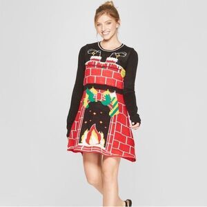 Light Up Christmas Santa Rooftop Stockings Chimney Fireplace Sweater Sz Dress XL